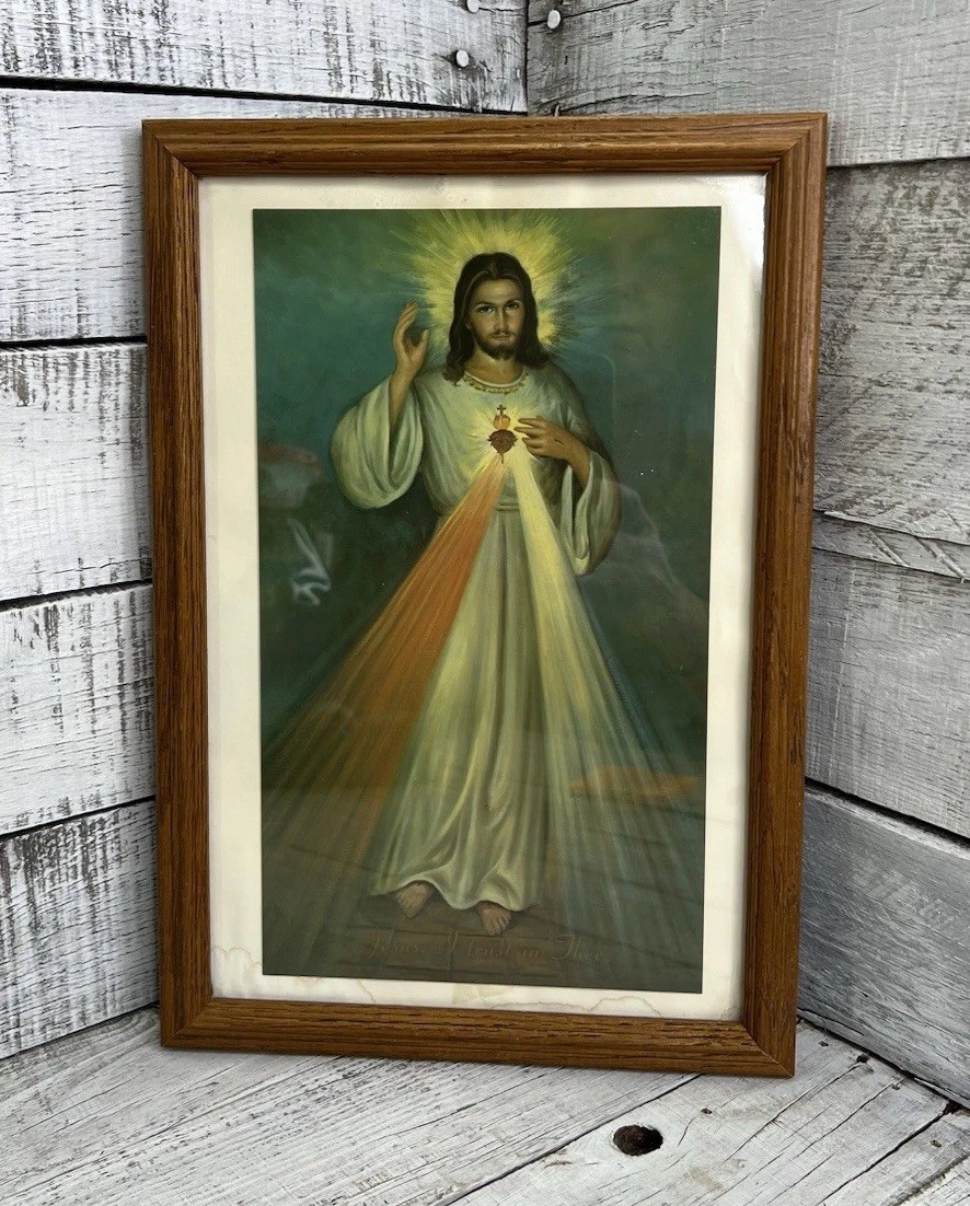 Vtg Framed Print “The Sacred Heart” Jesus As Is Water Damage ❤️