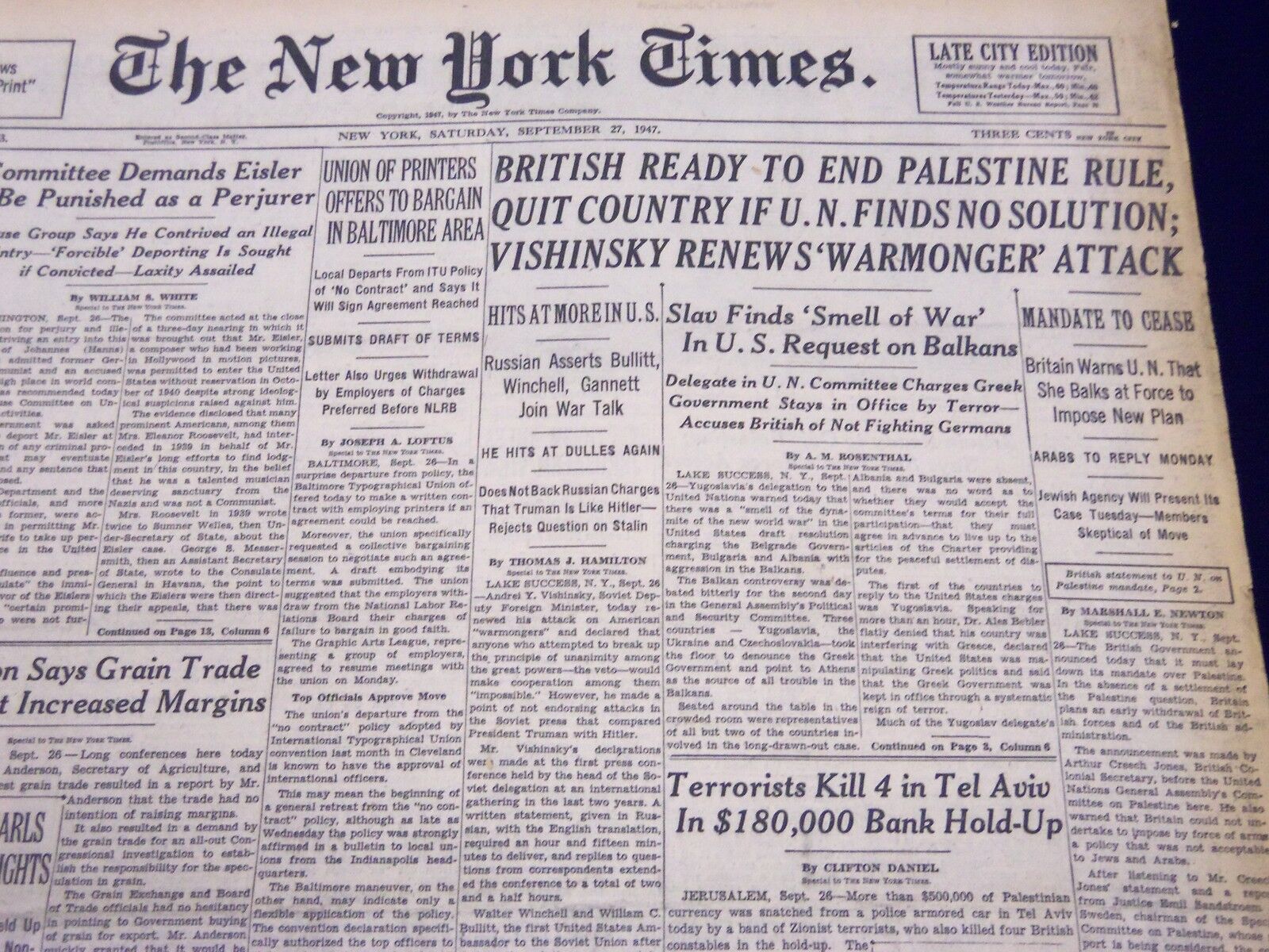 1947 SEPT 27 NEW YORK TIMES - BRITISH READY TO END PALESTINE RULE - NT 177