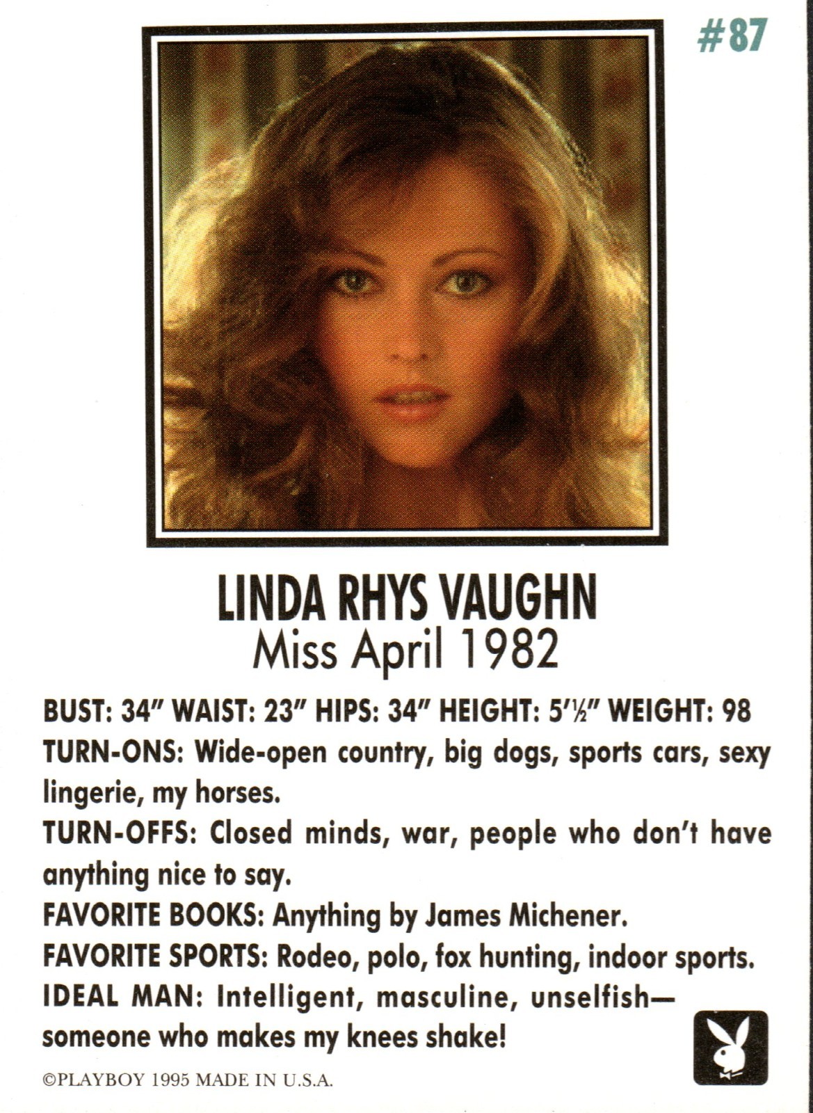 1995 Playboy Centerfold Card # 87 April 1982 Linda Rhys Vaughn