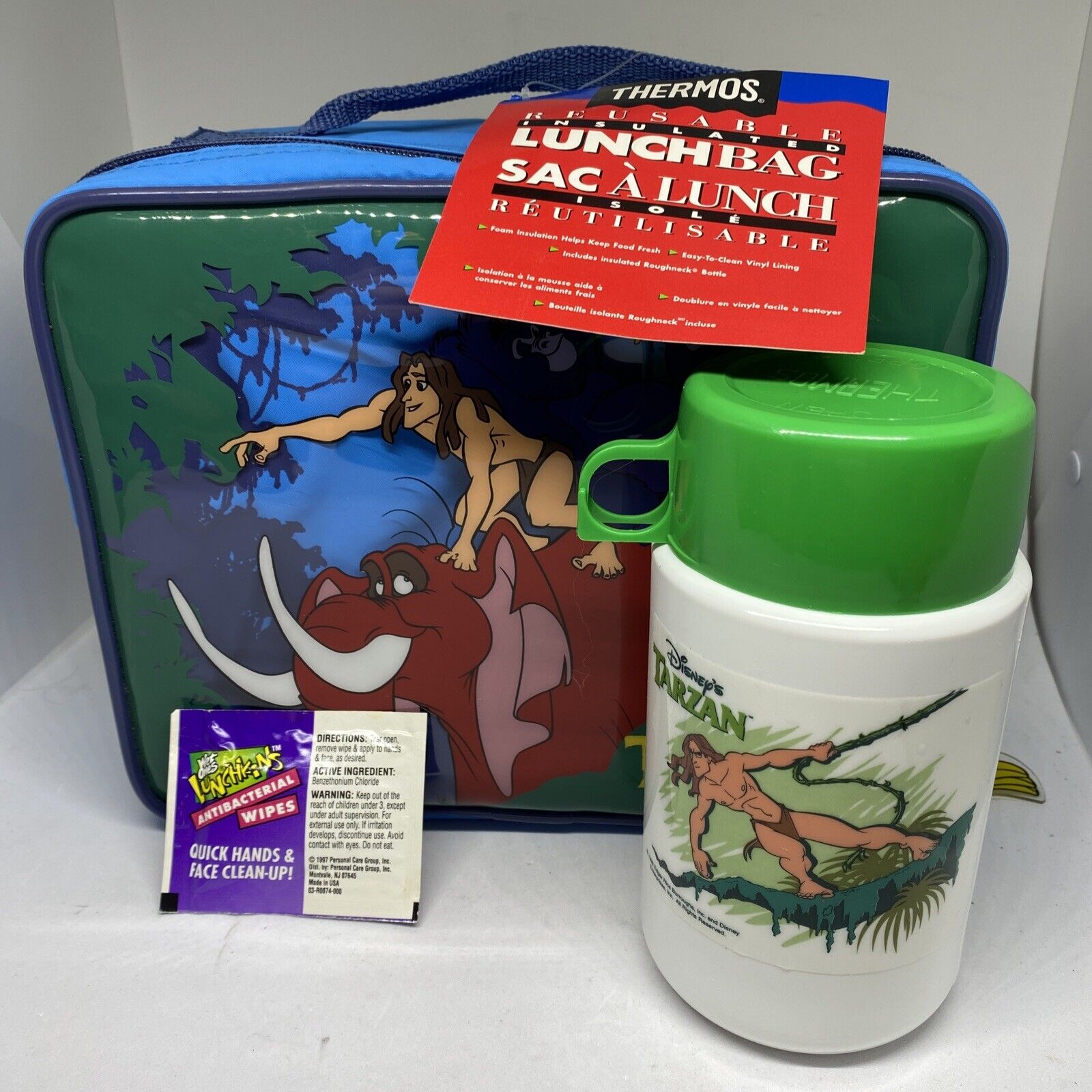 Vintage Tarzan Lunchbox Thermos Disney 1999 Soft Blue New With Tags Stained