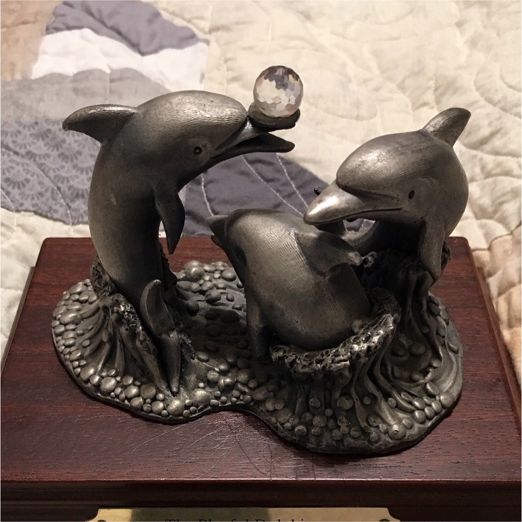 The Playful Dolphins pewter Metal Dolphin Figurine Sculpture on Wood Base
