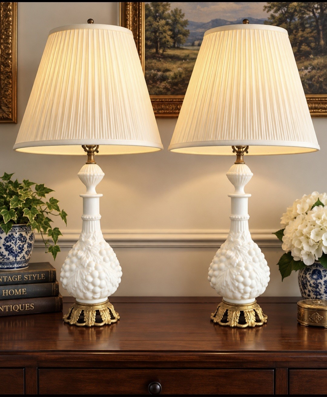 Vintage60s Milk Glass Grape Decanter Table Lamps Pair Brass Bases Pleaded Shades