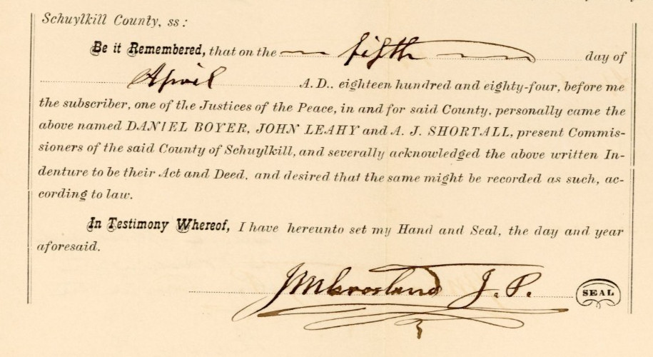 1884 Washington Schuylkill County PA Deed Henry C Russell Signed JP Moreland 1884 Washington Schuylkill County PA Deed Henry C Russell Signed JP Moreland
