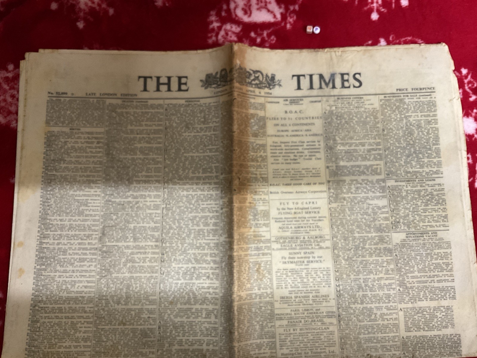 Interesting historic newspaper  , RARE , NEWS , THE TIMES , APRIL 1954
