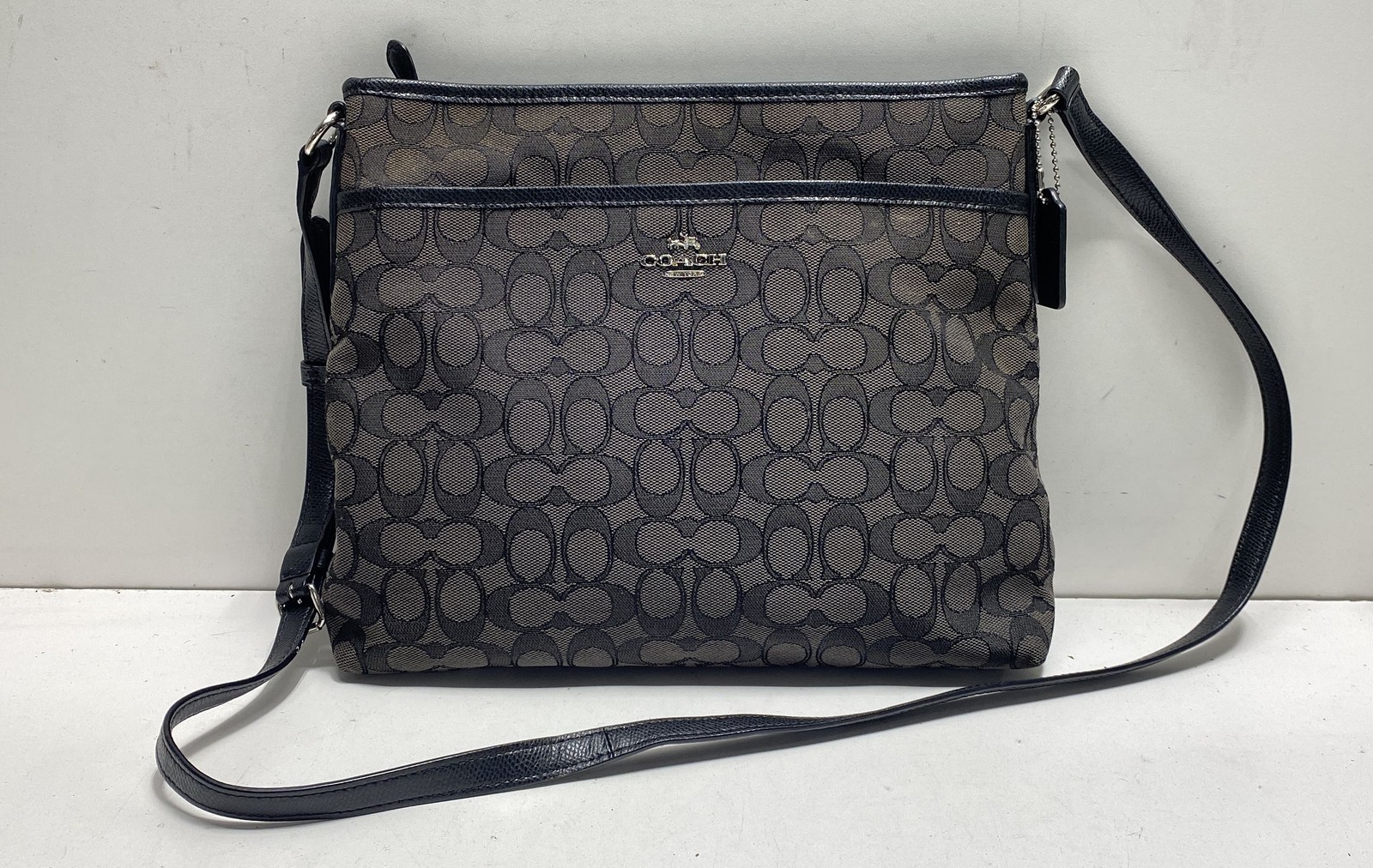 Coach Grey Black Signature Canvas Leather File Bag Crossbody Silver Hardware