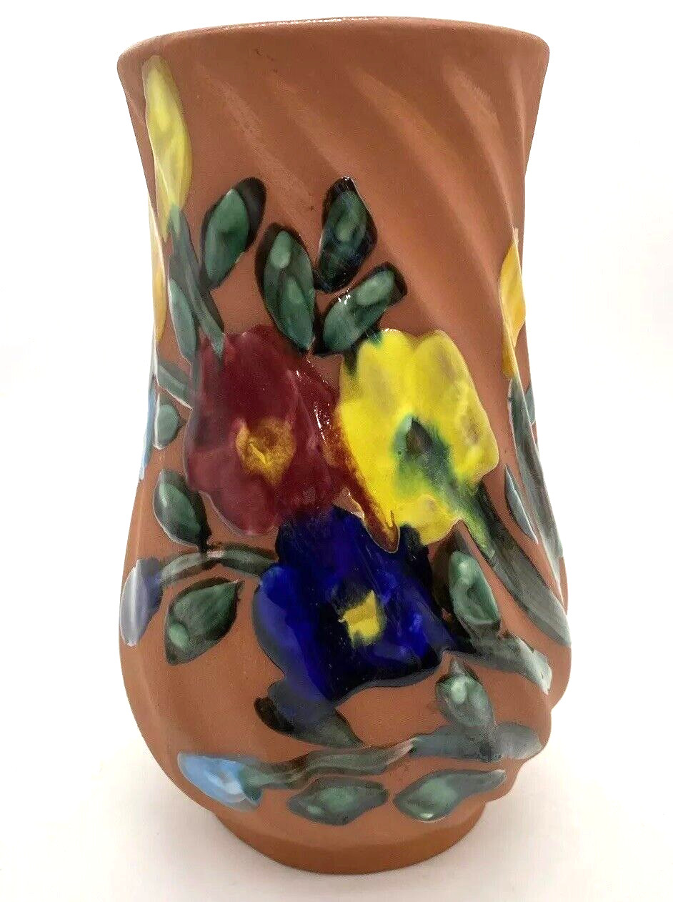 Mexico Art Pottery Vase with Terra Cotta Glazed Hand Painted Enamel Flowers Mexico Art Pottery Vase with Terra Cotta Glazed Hand Painted Enamel Flowers