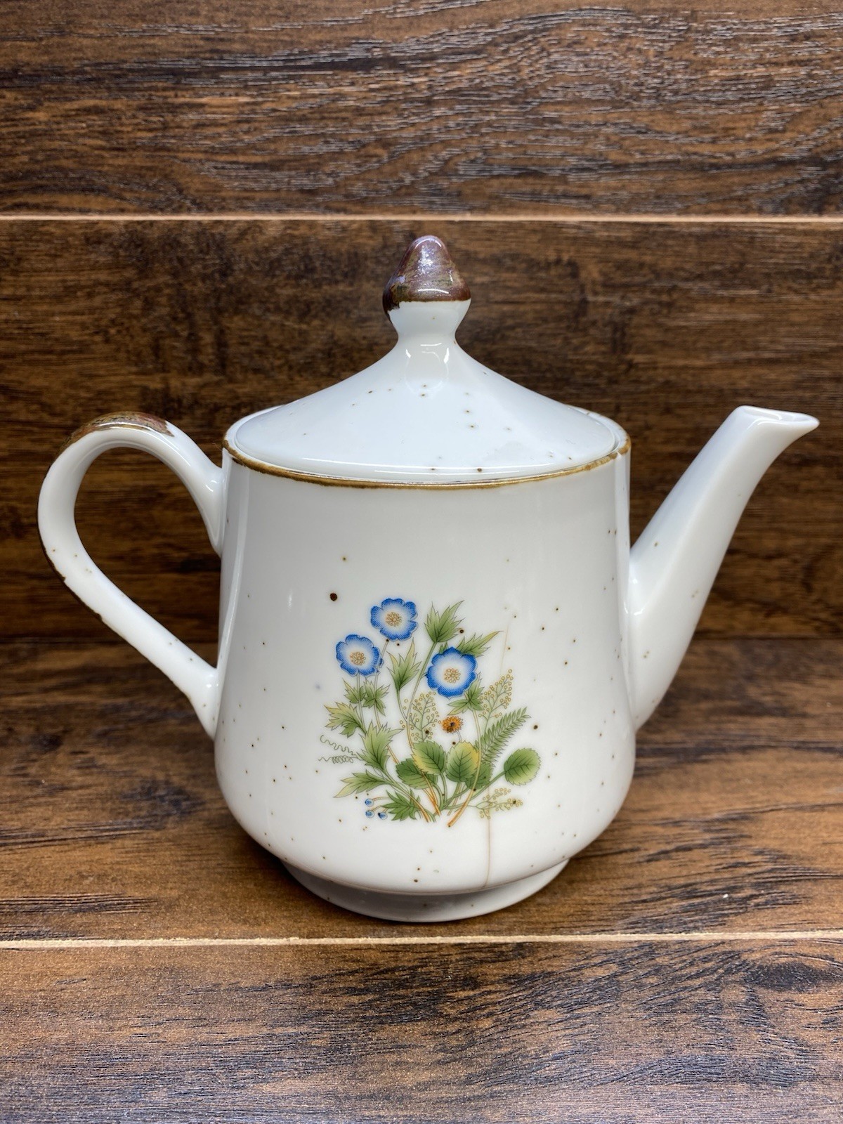 Vintage Japan Stoneware Teapot Speckled Blue Flowers 6” Tea Pot Lid
