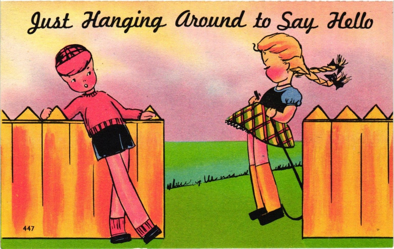 Vintage Comic Postcard Just Hanging Around to Say Hello Linen Boy Girl Fence Vintage Comic Postcard Just Hanging Around to Say Hello Linen Boy Girl Fence