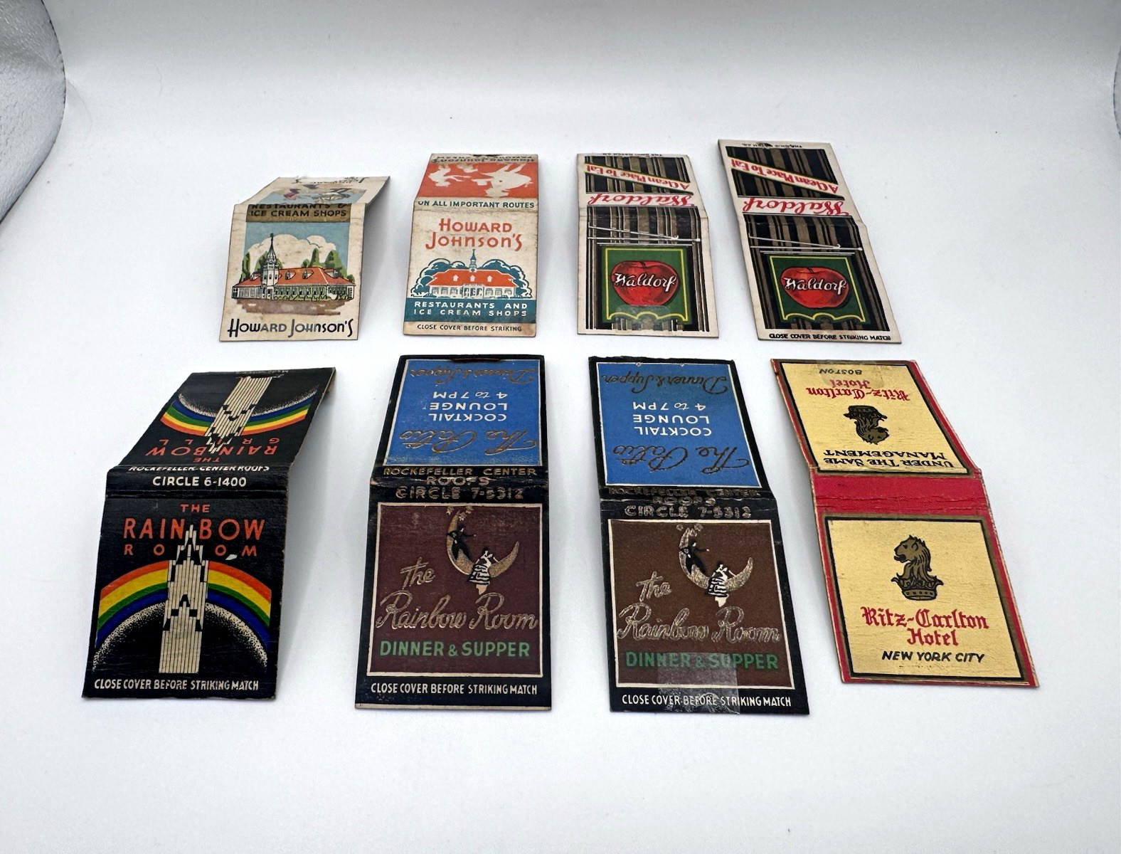 8 Vintage Matchcovers Rainbow Room Ritz Carlton Howard Johnsons Waldorf NYC Lot