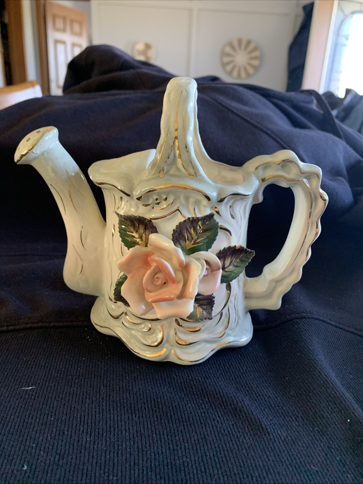 Vintage Ceramic Sprinkling Can. Works . Pink Rose ,Green Leaves. Gold Trim.