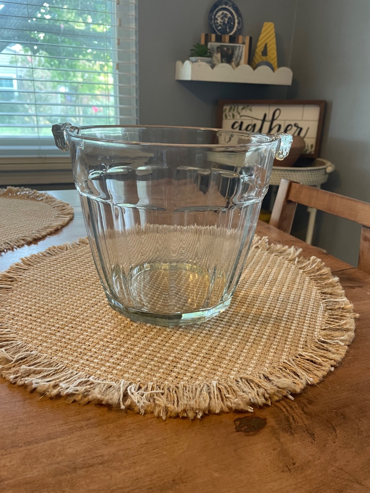 vintage, heavy, clear, glass ice bucket vertical panels small tab handles