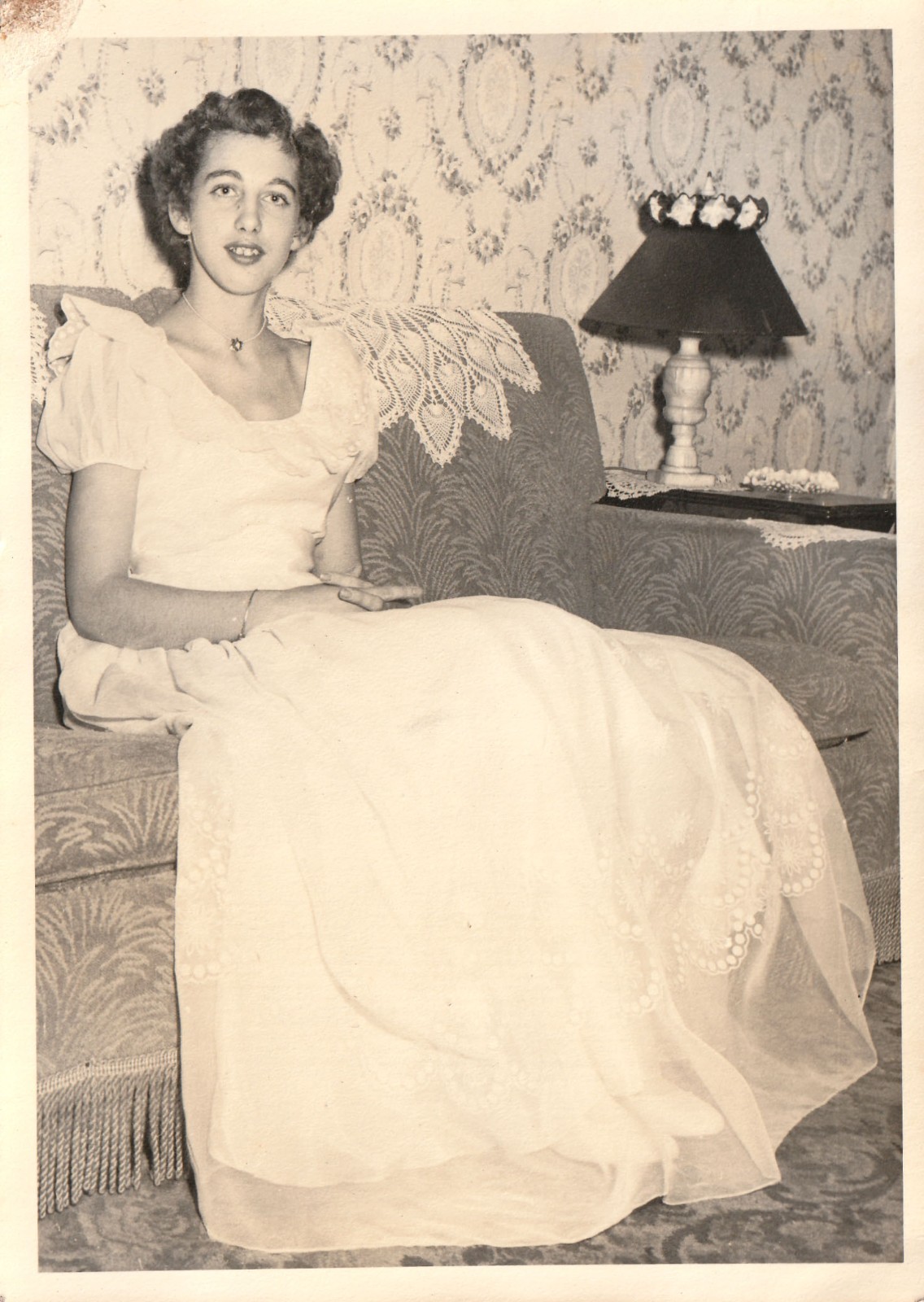 Vintage Photo Young Woman Formal Gown Dress Patterned Coach Wallpaper Fashion