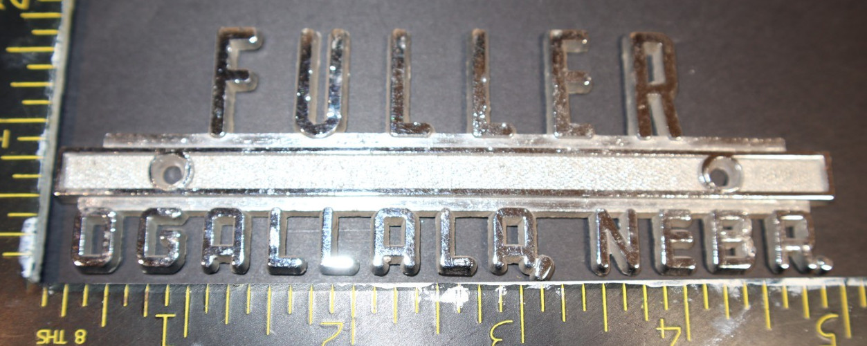 Vintage Fuller Ogallala Nebr. Chrome Car Dealership Emblem Badge Script OEM Nebr Vintage Fuller Ogallala Nebr. Chrome Car Dealership Emblem Badge Script OEM Nebr