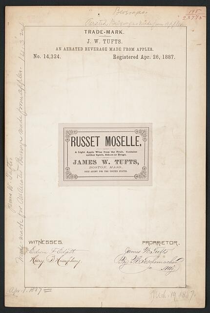 Boston Massachusetts USA 1887 J W Tufts Russet Moselle Trademark Apple Beverage