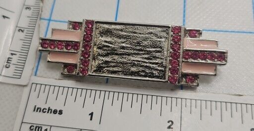 VTG Lapel Pinback Brooch Style Silver Tone Pink Rhinestone Accents Enameled 