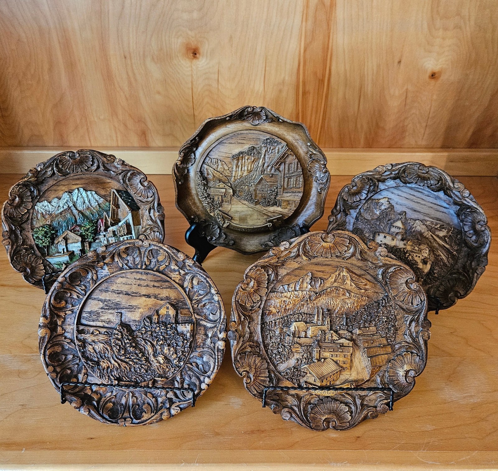 Vtg Alpine Carved Wood Plaques –Germany Switzerland Mtn Village Scenes -Set of 5 Vtg Alpine Carved Wood Plaques –Germany Switzerland Mtn Village Scenes -Set of 5