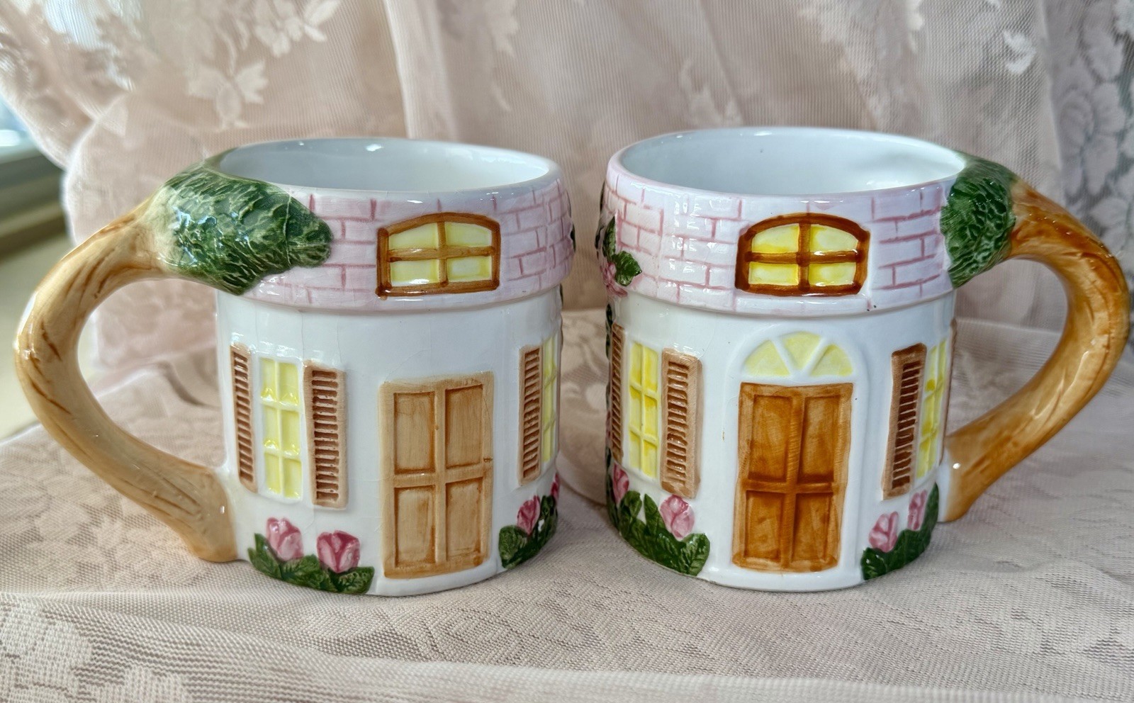 1990 VINTAGE Strata Group COUNTRY ESTATES Cottage Mugs Set 2 Hand Painted MCMXC