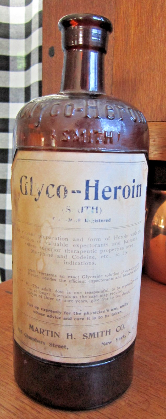 Glyco HEROIN Apothecary Bottle Narcotic Jar Martin Smith Amber Glass Embossed