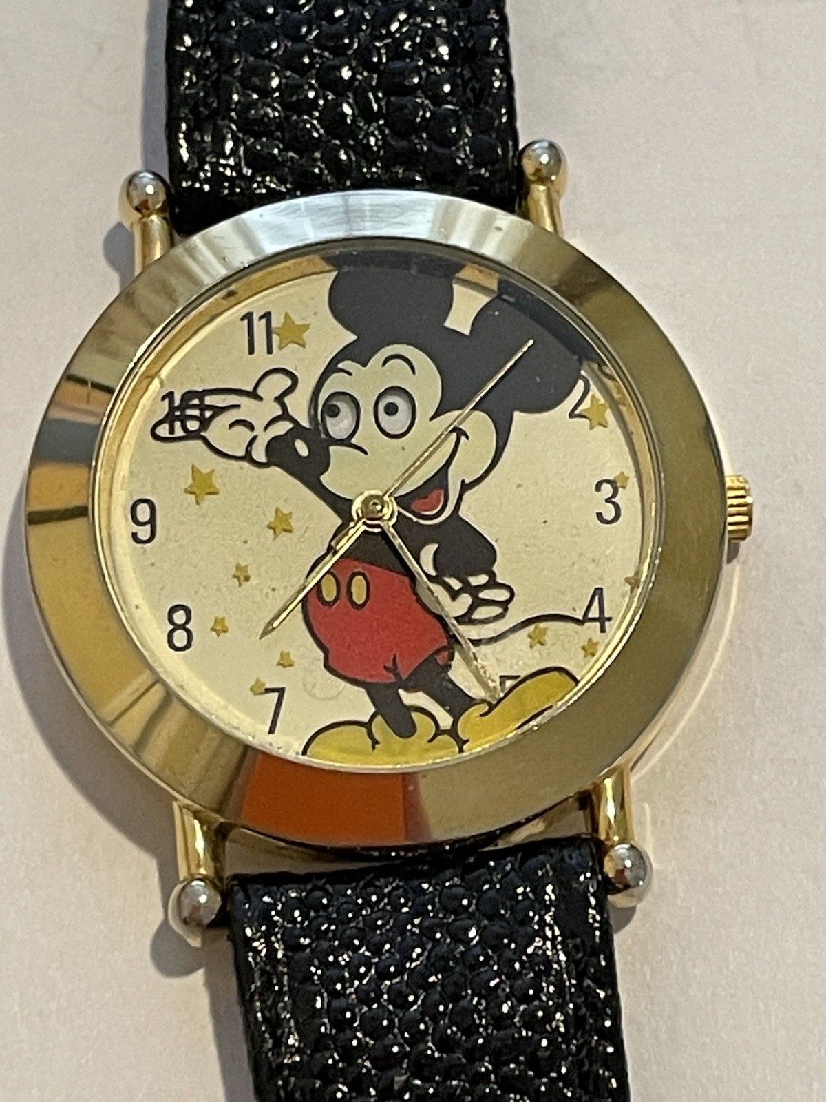 Vintage Lorus Gold Bezel Mickey Mouse Watch Leather Band (Damaged) not  Running