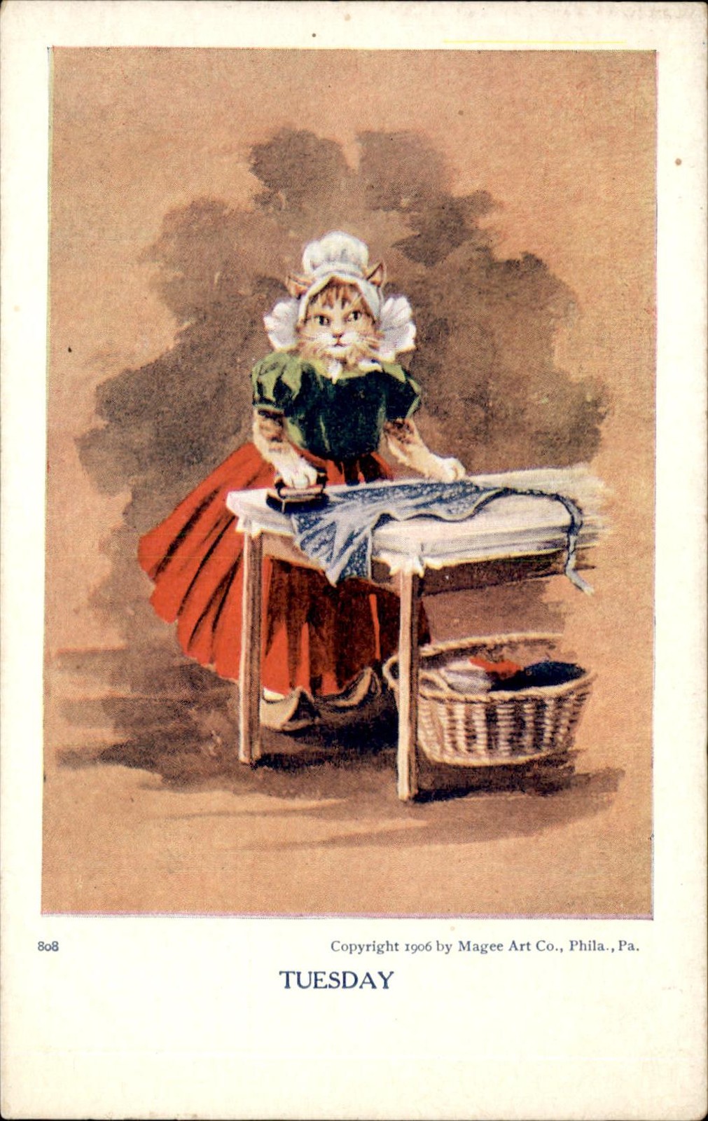 Cat ironing a shirt Day of Week Series TUESDAY Magee Art Co. c1906 Postcard bhn