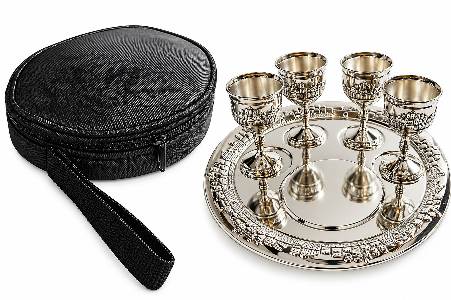 Large Communion Set Silver Plated 4 Cups, Serving Tray, Plate & Canvass Bag