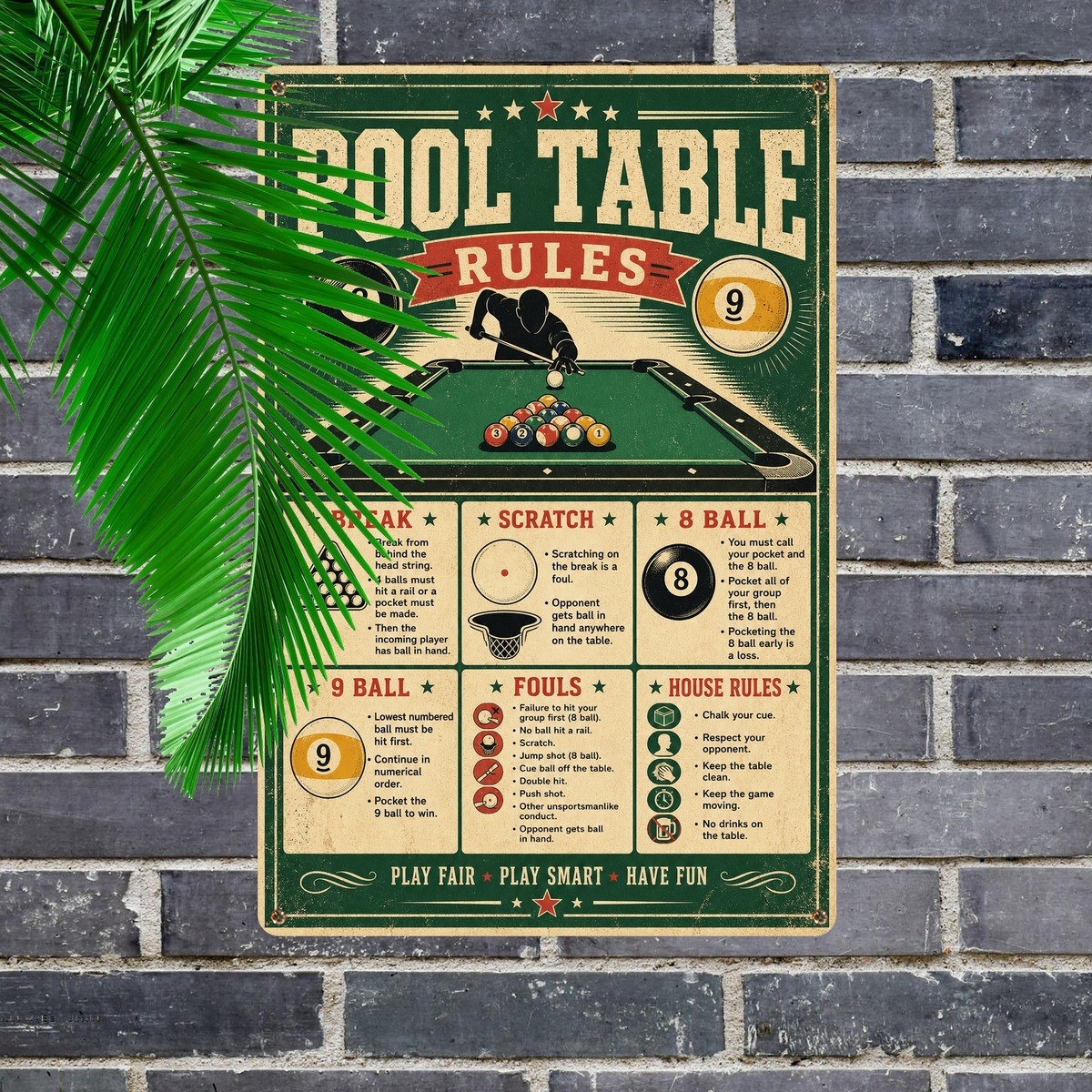 Billiards Pool Room Game Rules Vintage Tavern Metal Sign Plaque