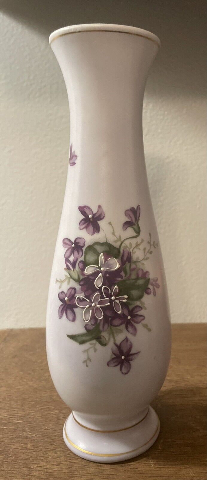 Vintage Bud Vase 8” Norleans 3D Hand Painted Satin Lilac Purple Flowers Gold