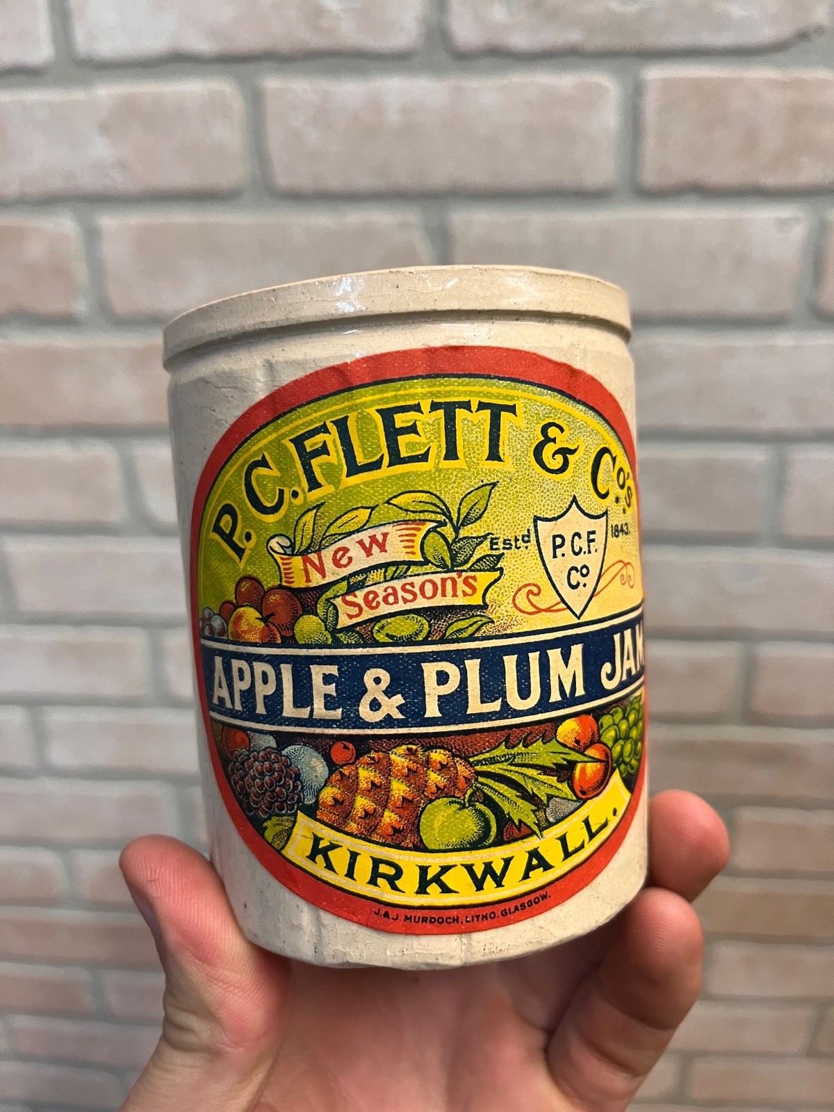 Antique P.C. Flett & Co Apple Plum Jam Stoneware Crock Jar Scotland Primitive Fa