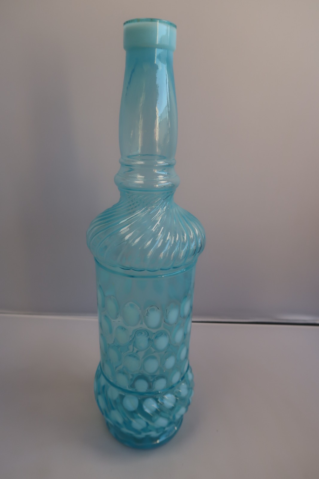 Antique and Rare Glass Blue Opalescent Whiskey Barber Bottle 12 1/8
