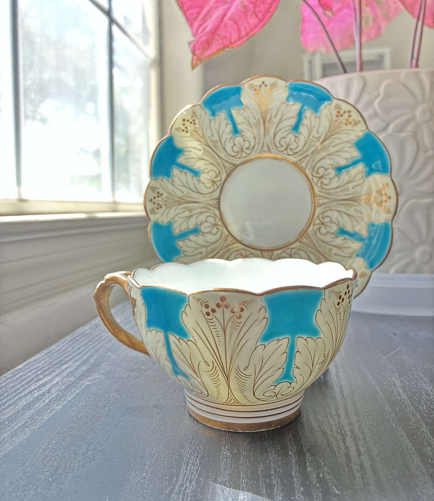 Antique Brown-Westhead Moore Cup & Saucer Turquoise Gold Gilt Davis Collamore NY