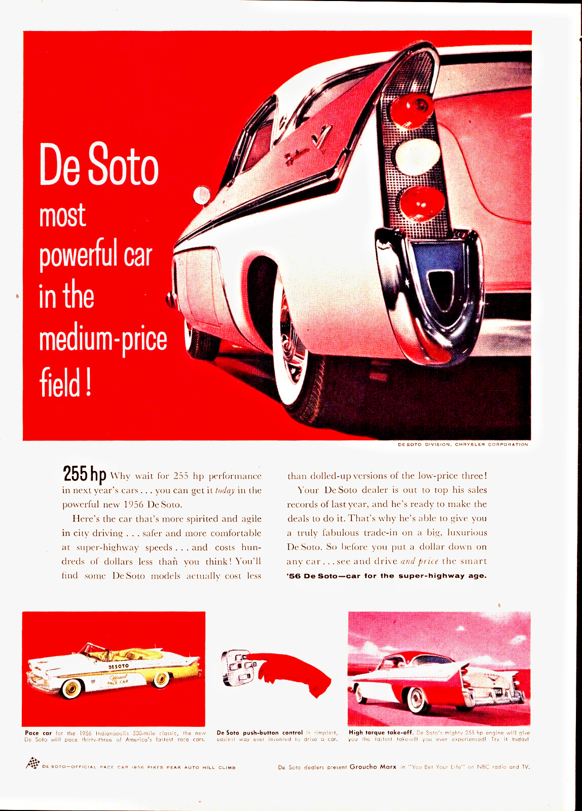 1956 Desoto Pace Car Vintage Print Ad Push Button Control High Torque Take Off