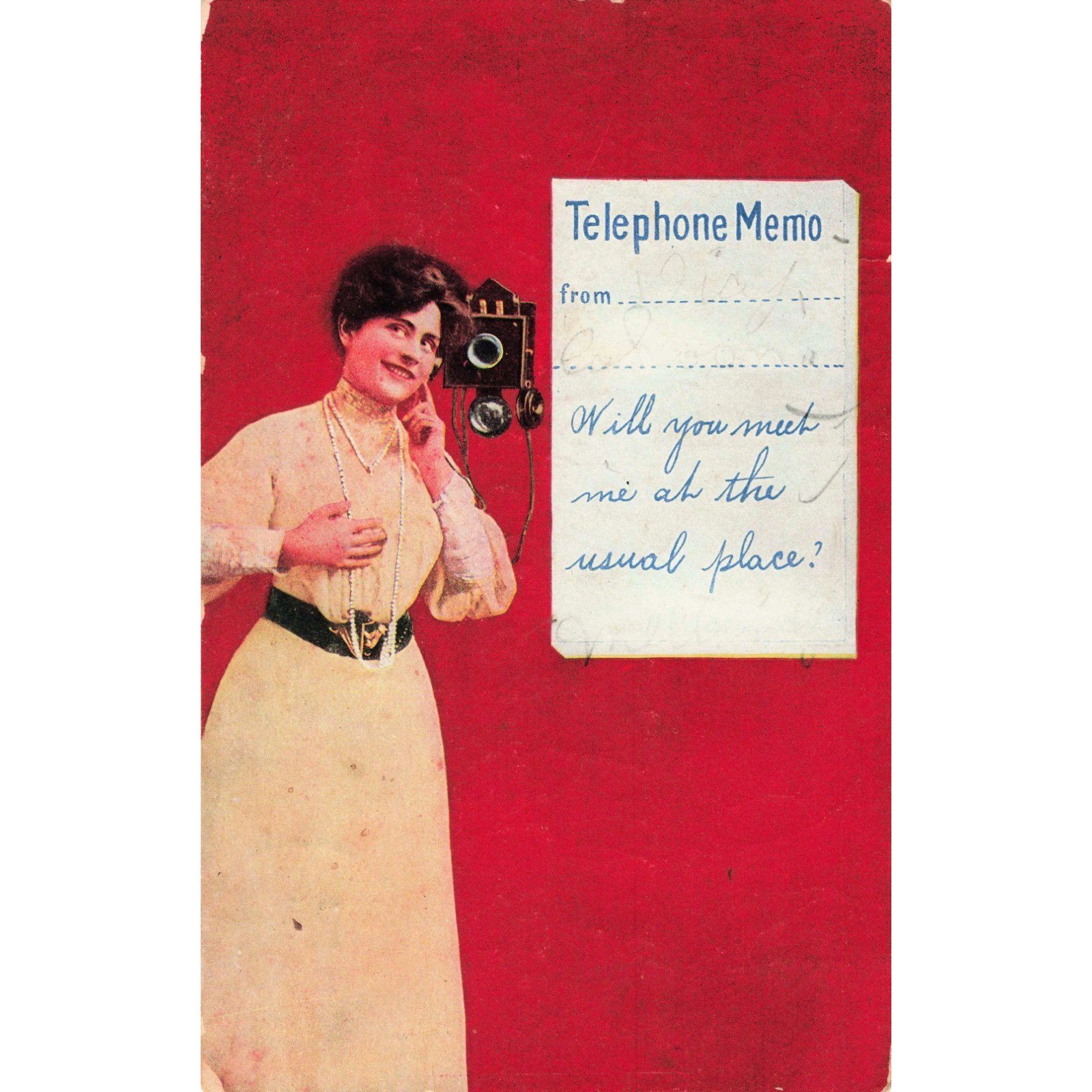 Vintage 1909 Postcard Telephone Memo Woman Wall Phone Vandalia IL 1c Stamp