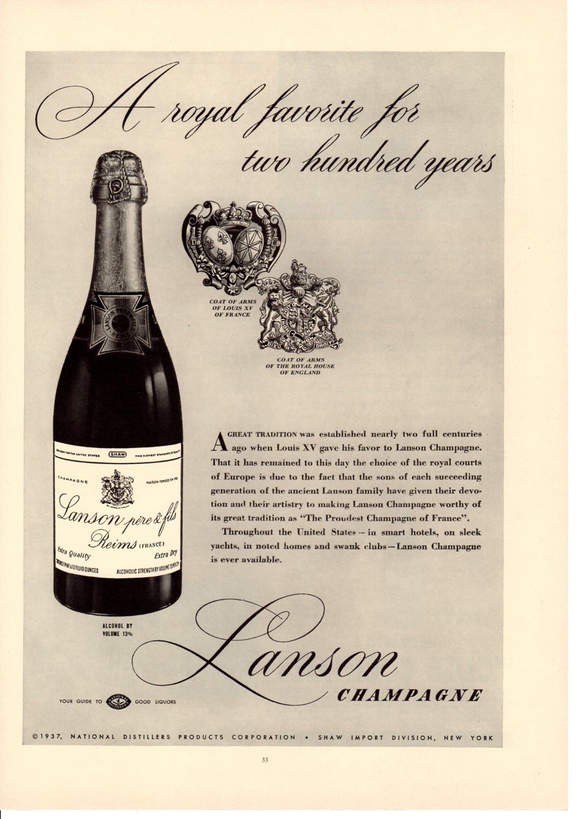 Vintage Print ad 1937 Lansom Champagne favorite for 200 years Hubleins cocktails