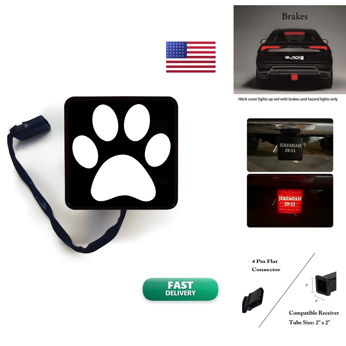 Pet Paw Print LED Brake Light for 2 x 2 inch Tow Hitch Black