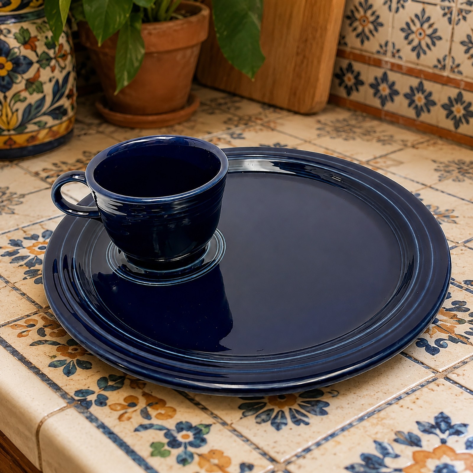 Homer Laughlin Fiesta Cobalt Blue Snack Set Welled Plate and Coffee Cup 