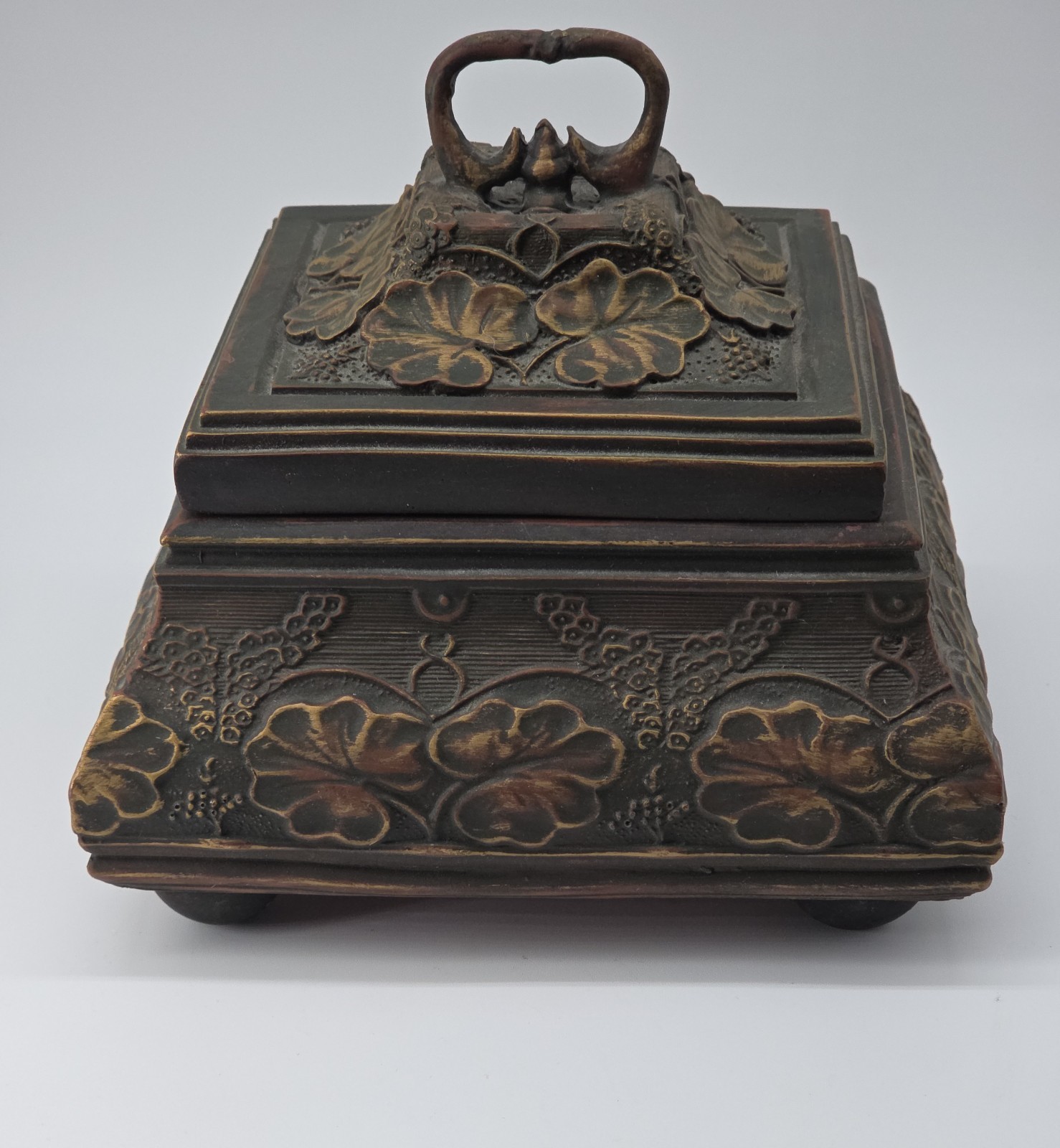 Antique Style Carved Wooden Box Red Velvet Lined Grape Leaves Handle Feet Antique Style Carved Wooden Box Red Velvet Lined Grape Leaves Handle Feet