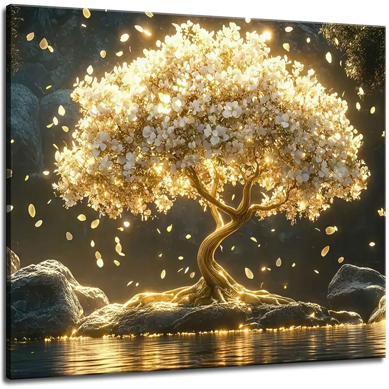 Txnxfksu Large Tree Of Life Canvas Wall Art Abstract Gold Tree Mountain Lake
