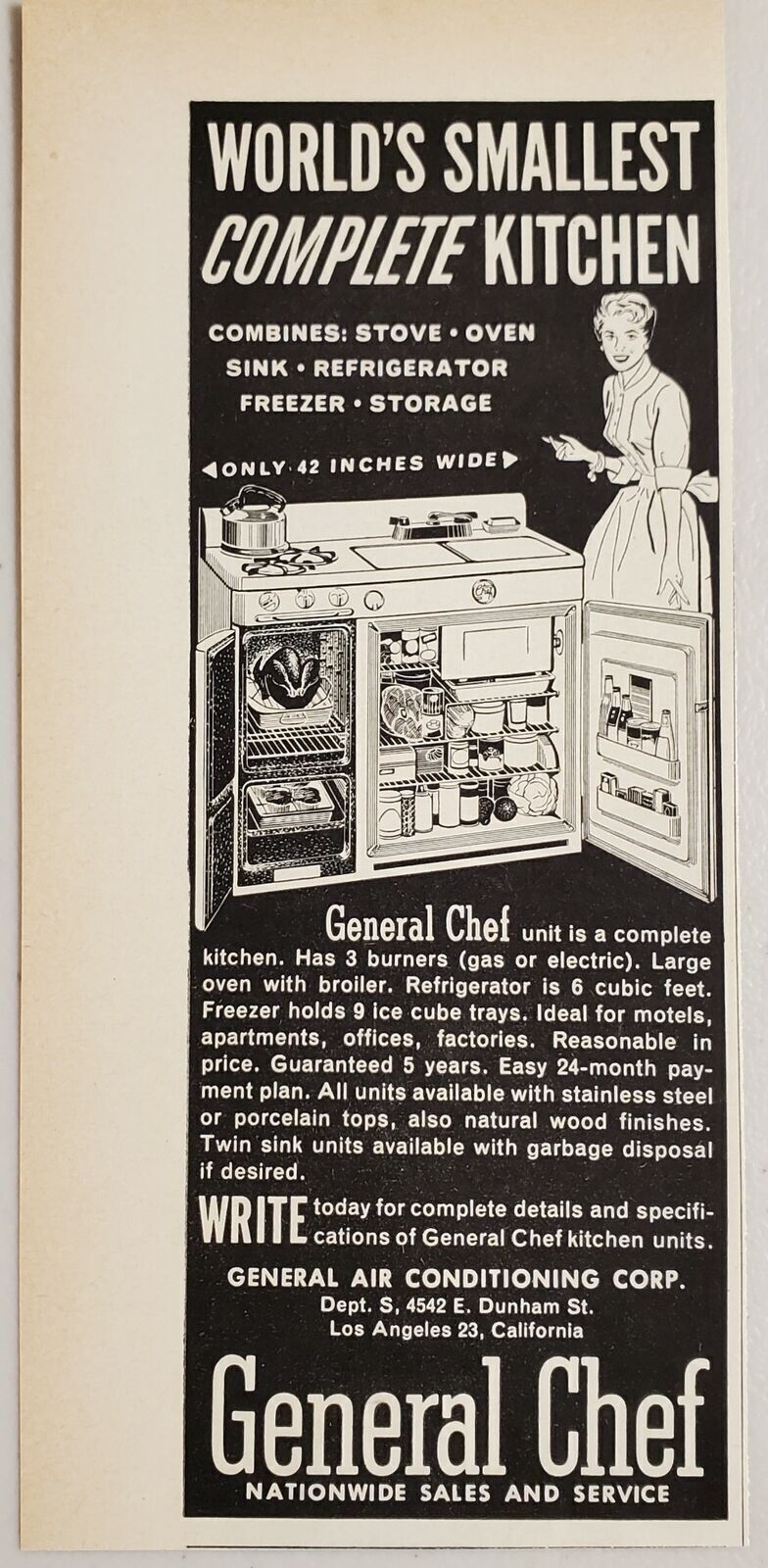 1955 Print Ad General Chef Smallest Kitchen Oven Refrigerator Combo Los Angeles