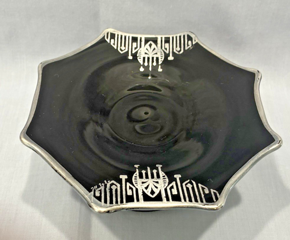 Black Crystal Compote ART DECO Design Sterling Overlay Vintage American Glass Black Crystal Compote ART DECO Design Sterling Overlay Vintage American Glass