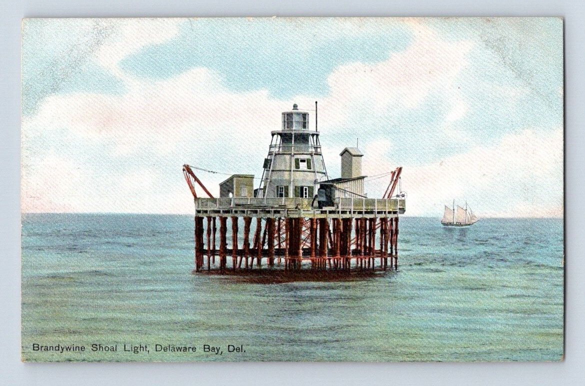 1908. BRANDYWINE SHOAL LIGHTHOUSE. DELAWARE BAY, DEL. POSTCARD. BQ25
