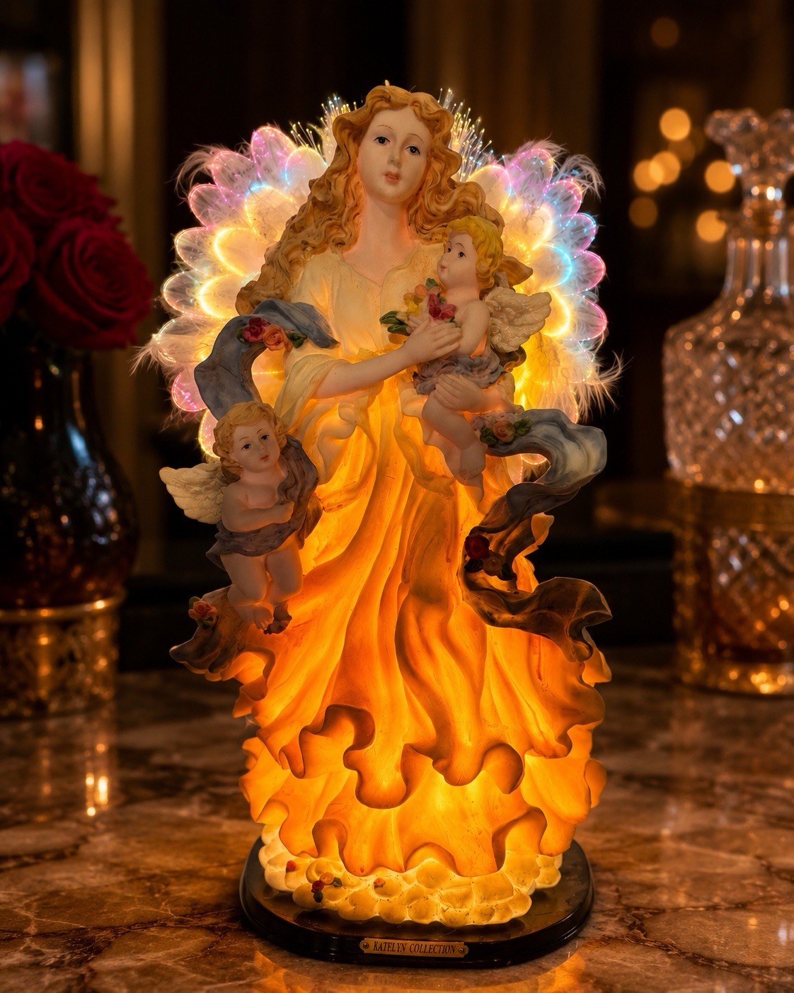 Katelyn Collection Lighted Angel Mother Cherubs Fiber Optic Figurine Lamp 15”