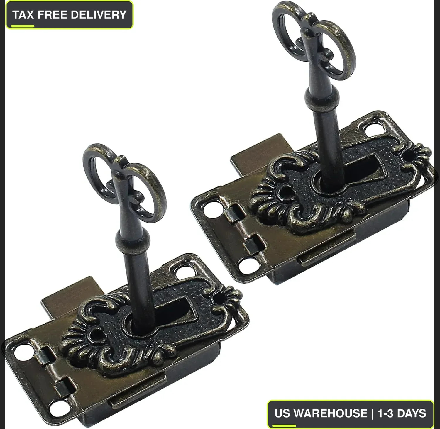 Antique Skeleton Key Lock, Red Brass, 2 Sets | Cabinet Cupboard Furniture Decora