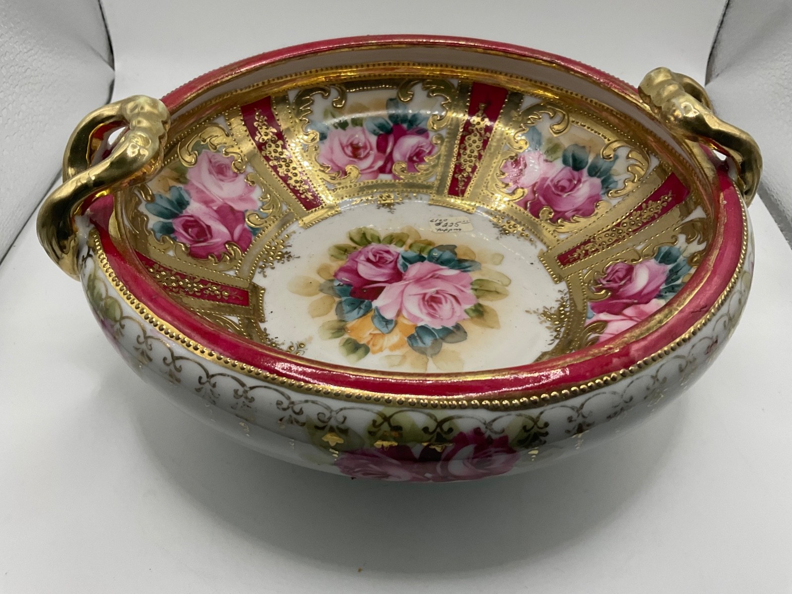 Hand Painted Nippon Two-Handled ornate Bowl w/ Gold Handles & Trim Floral Roses Hand Painted Nippon Two-Handled ornate Bowl w/ Gold Handles & Trim Floral Roses