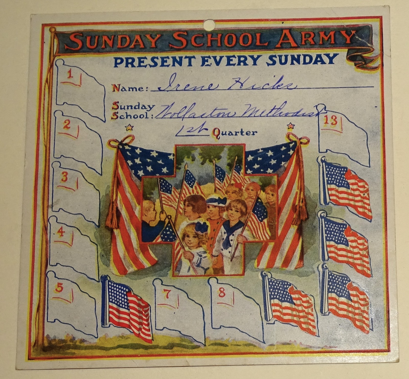 1910s Sunday School Reward Card w/ U.S.A. Flag Stickers (Wollaston / Quincy MA.) 1910s Sunday School Reward Card w/ U.S.A. Flag Stickers (Wollaston / Quincy MA.)