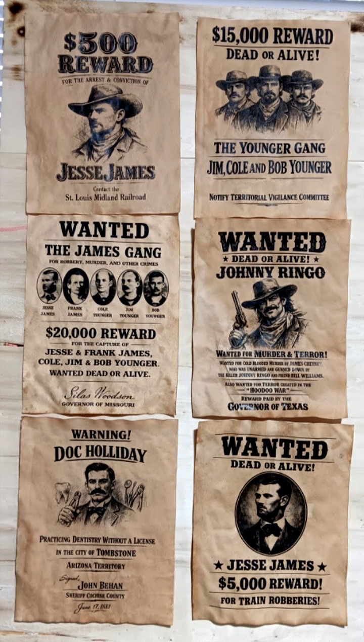 The Younger Gang Doc Holliday Old West Wanted Posters Jesse James Johnny Ringo