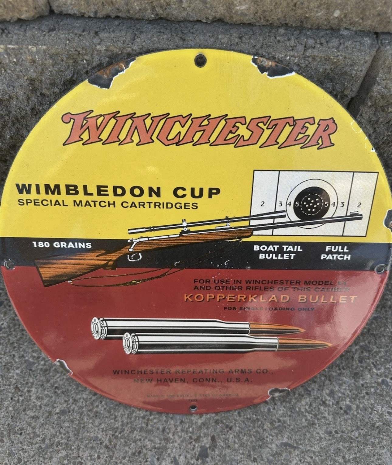 VINTAGE  WINCHESTER MODEL HUNTING RIFLE 12 INCH PORCELAIN ENAMEL SIGN