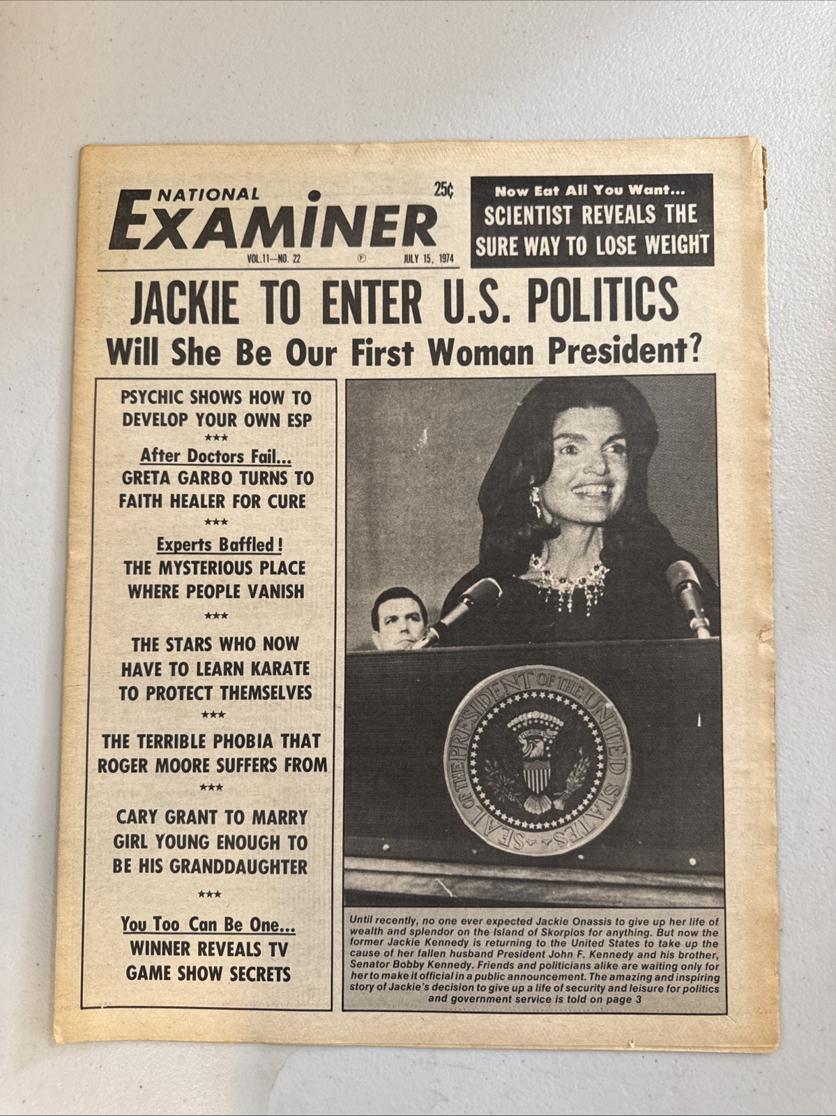 1974 July 15 National Examiner Newspaper, Jackie Kennedy, Sophia Loren (VRN10B 1974 July 15 National Examiner Newspaper, Jackie Kennedy, Sophia Loren (VRN10B