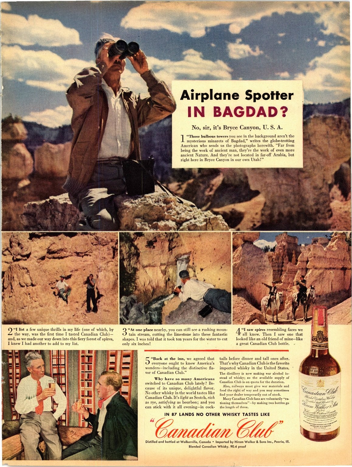 Canadian Club Whisky 1943 Magazine Ad Bryce Canyon Utah Man Binoculars AD080