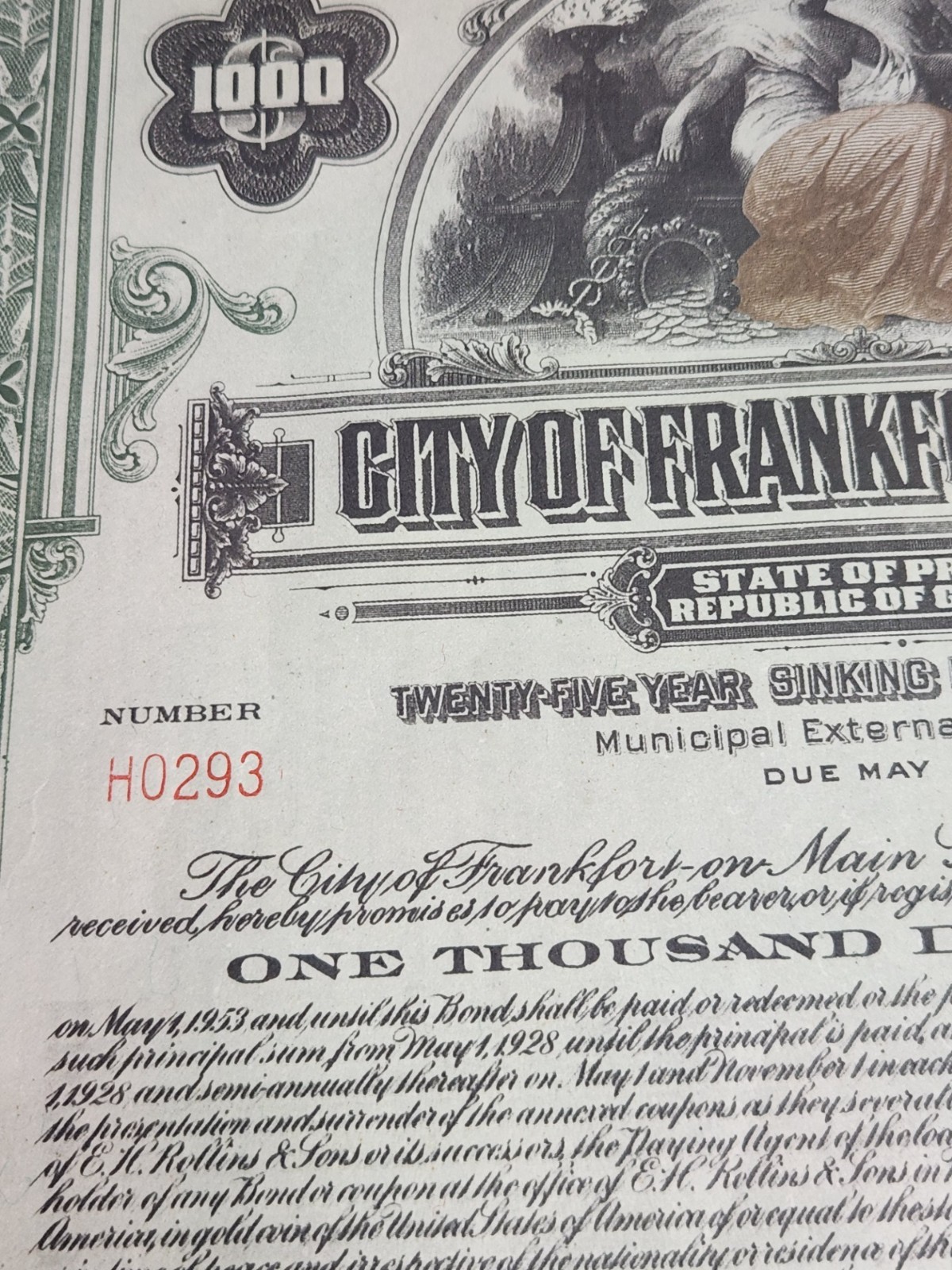 3 City of Frankfort-on-Main 6.5% Uncancelled $1000 BondS of 1928 MUST SEE