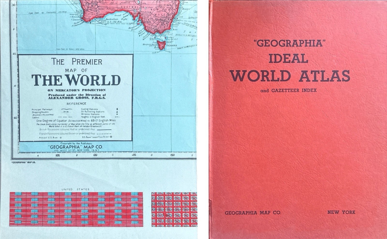 Rare WWII Giant War Map of the World & Ideal World Atlas Geographia Map Co Gross